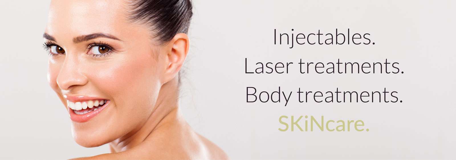 Smiling woman beside list of Skincare treatments - Injectables, Laser treatments, Body treatments